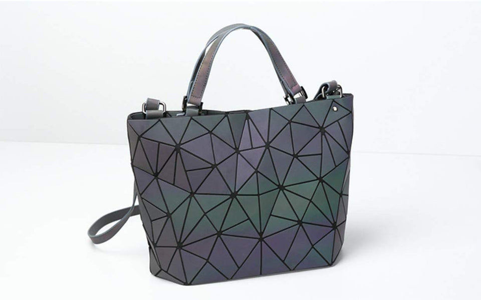 Huameibang - Bolsas de hombro y bolsos geométricos luminosos de piel ecológica para mujer (arcoíris)