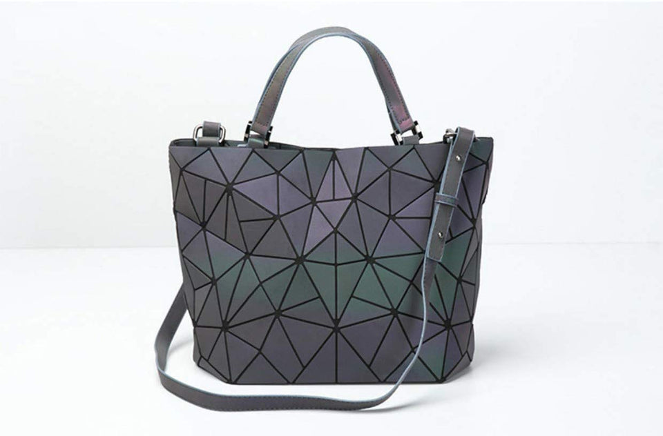 Huameibang - Bolsas de hombro y bolsos geométricos luminosos de piel ecológica para mujer (arcoíris)