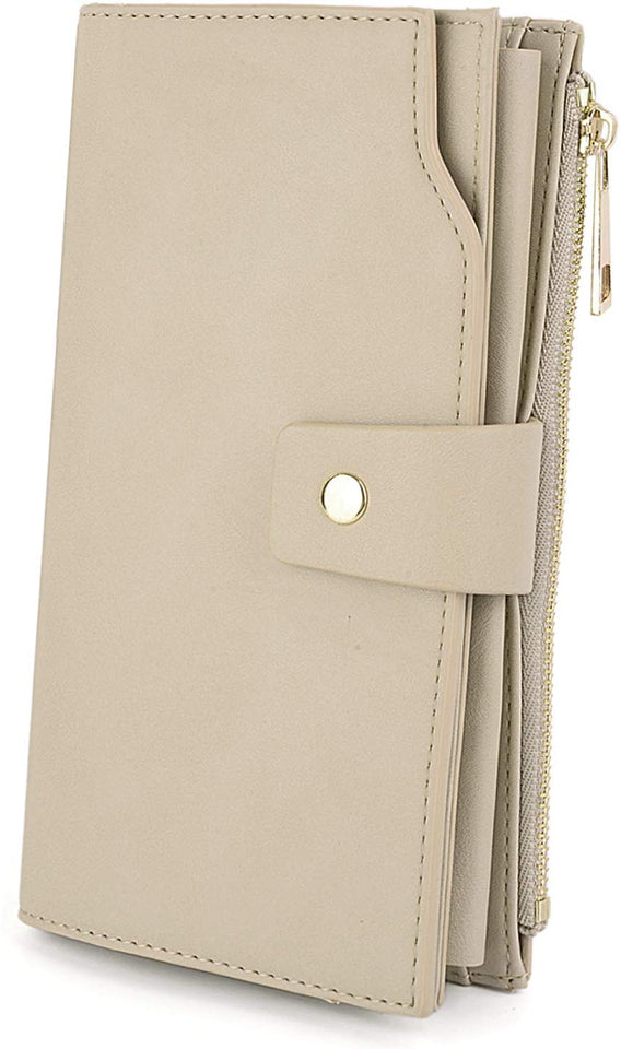 UTO - Cartera Mujer Dama Bloqueo Cuero Monedero Largo RFID 21 Ranuras para Tarjetas Bolsillo para Móvil con Muñequera