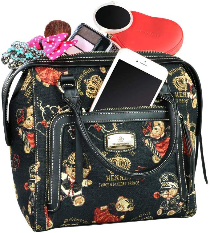Bolsa de mujer mediana de mano con asas y correa crossbody Henney Bear. Tiernos estampados de ositos o ambientes naturales