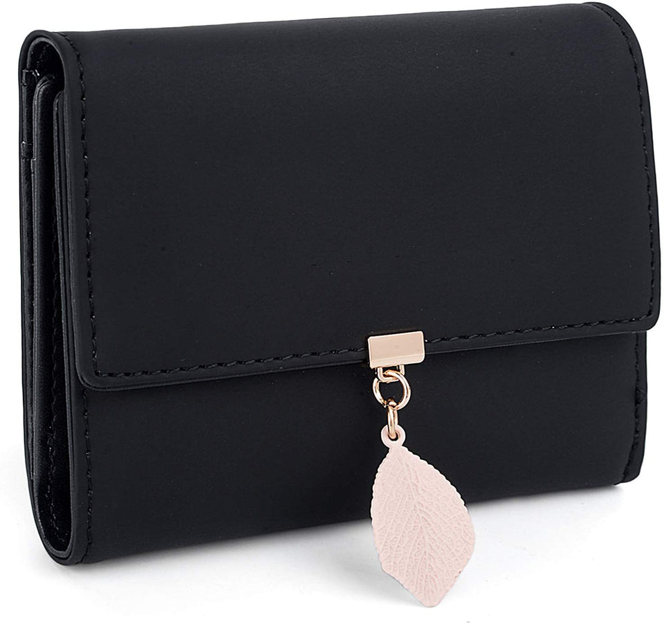 UTO Mujer Dama Cartera Corto Cuero Sintético Suave Monedero con Hoja Adorno Colgante Chica Niña para Regalo