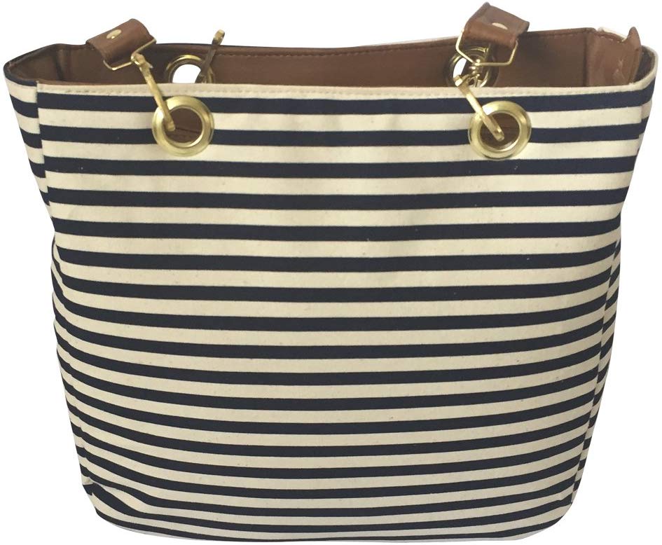 Bolsa Para Mujer. De playa y de tela.Blanco y rayas azules. Ultra ligera, comoda y practica. Disponible en color Blanco,Negro,Camel,Rosa y Amarillo.
