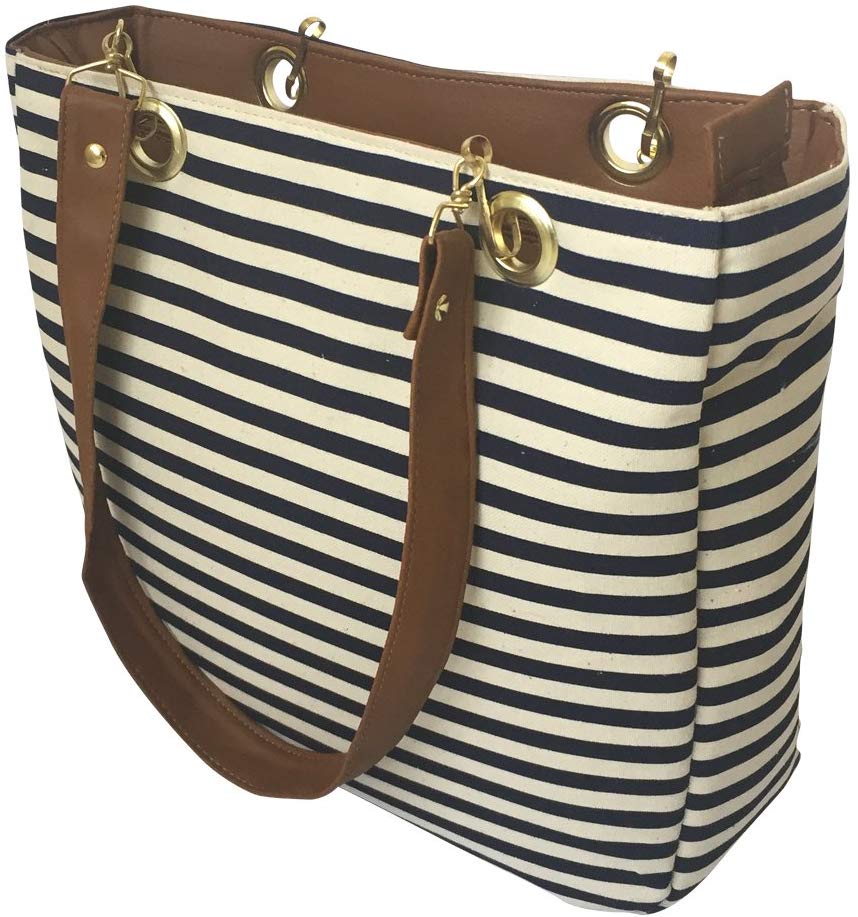 Bolsa Para Mujer. De playa y de tela.Blanco y rayas azules. Ultra ligera, comoda y practica. Disponible en color Blanco,Negro,Camel,Rosa y Amarillo.